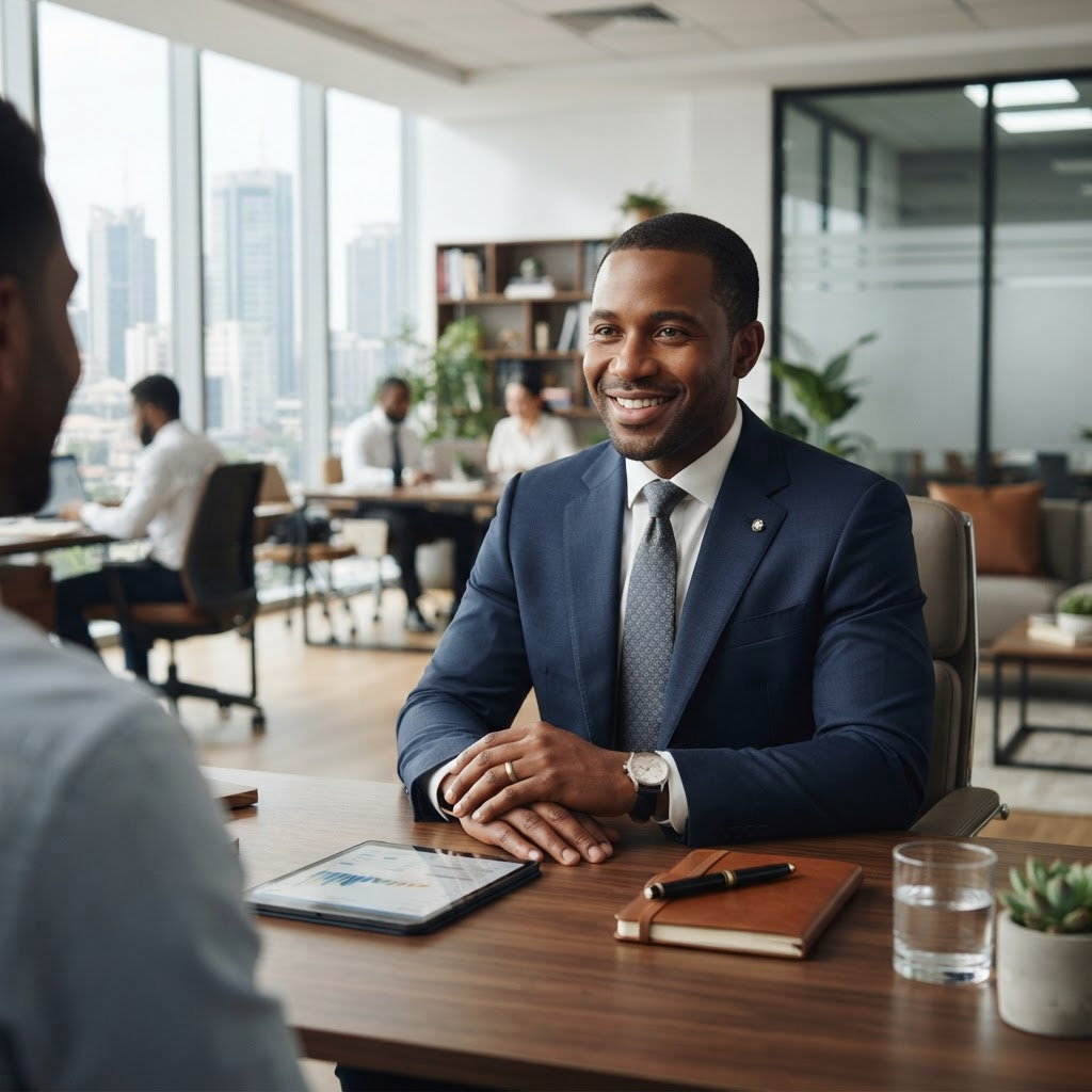 Black African financial advisor at work